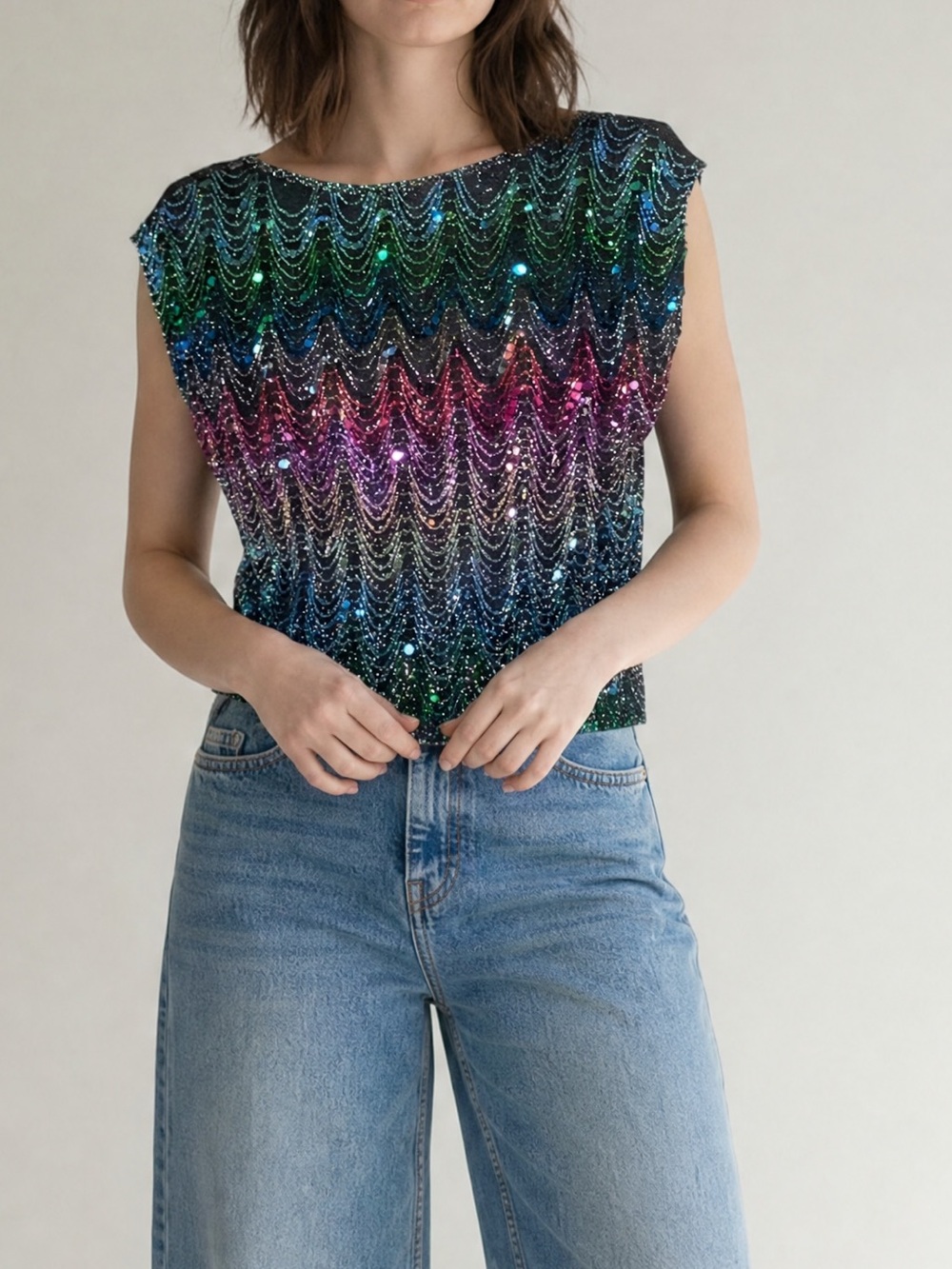 Vintage 80s Avon Fashions Rainbow sequin top Pride Month Glam Disco  Club wear